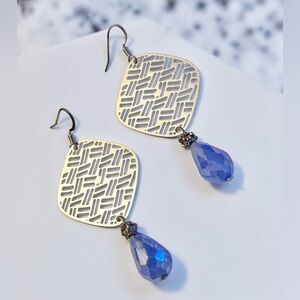 Silver Filigree Drop Earrings with Blue Teardrop Crystals